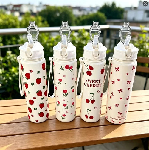 Cute Bow & Flower Water Bottle, Premium Texture Minimalist Design, Large Capacity, Lightweight and Leakproof with Portable