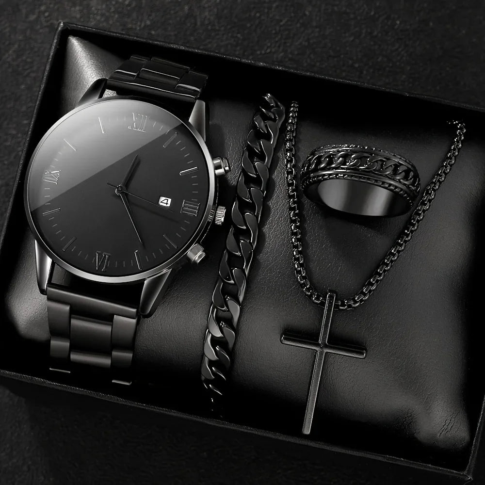 men's black minimalist quartz watch set with bracelet, necklace, and ring -