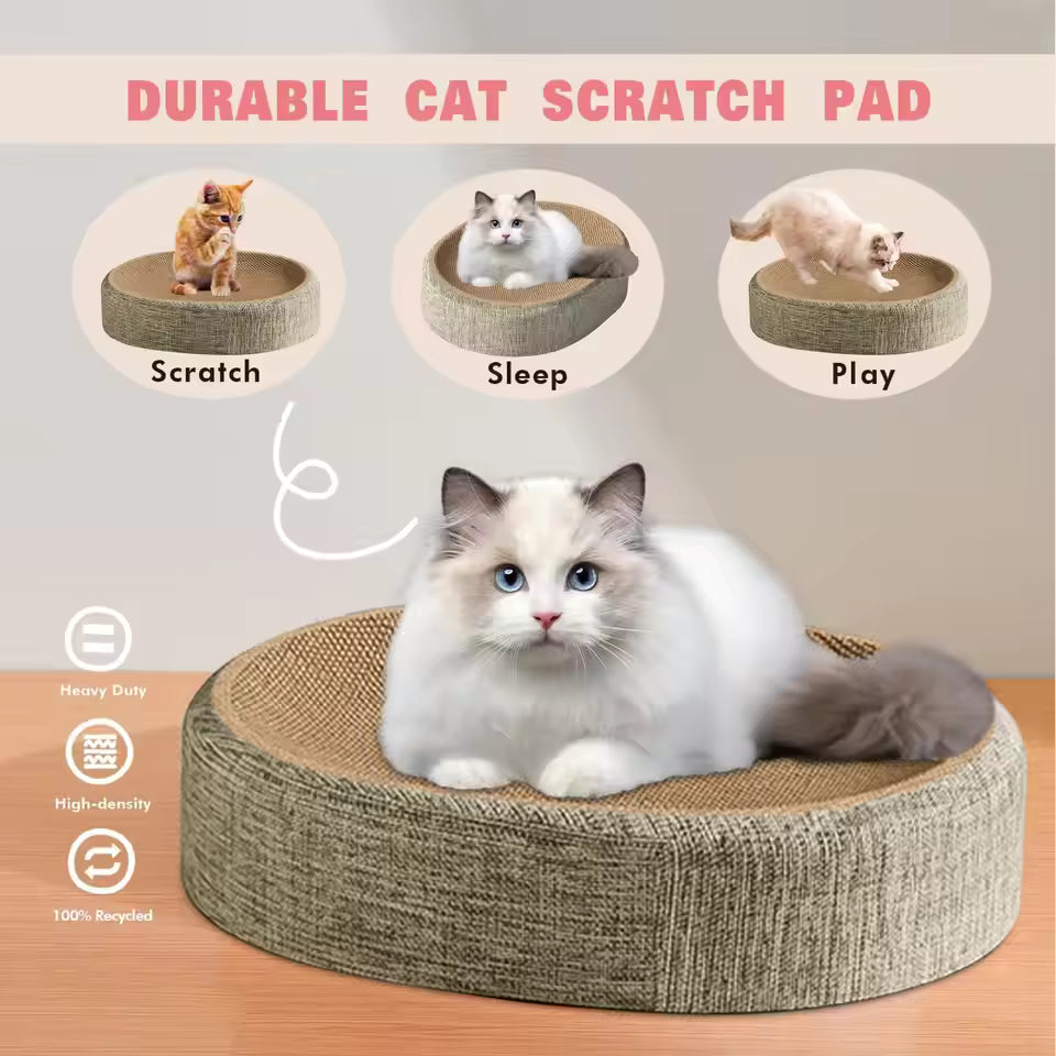 Oval Cat Scratcher Bed — Linen-Wrapped Corrugated Scratching Lounge for Indoor Cats | Furniture Protector & Cozy Nap Bowl
