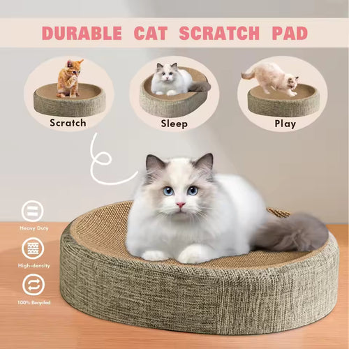 Oval Cat Scratcher Bed — Linen-Wrapped Corrugated Scratching Lounge for Indoor Cats | Furniture Protector & Cozy Nap Bowl