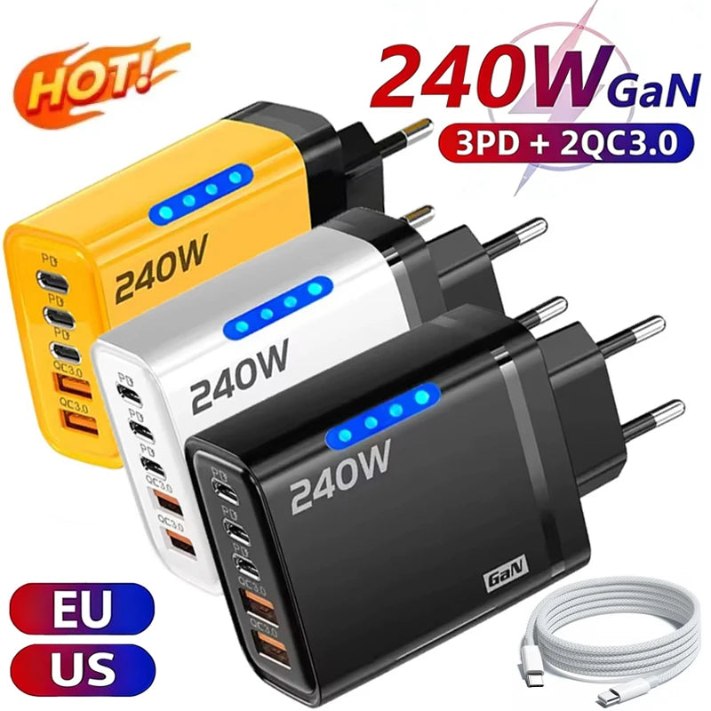 5 in 1 GaN USB C Desktop Charger 240W Fast Charge Phone Adapter Braid Type C Cable For iPhone Samsung Xiaomi EU/US Plug Charger
