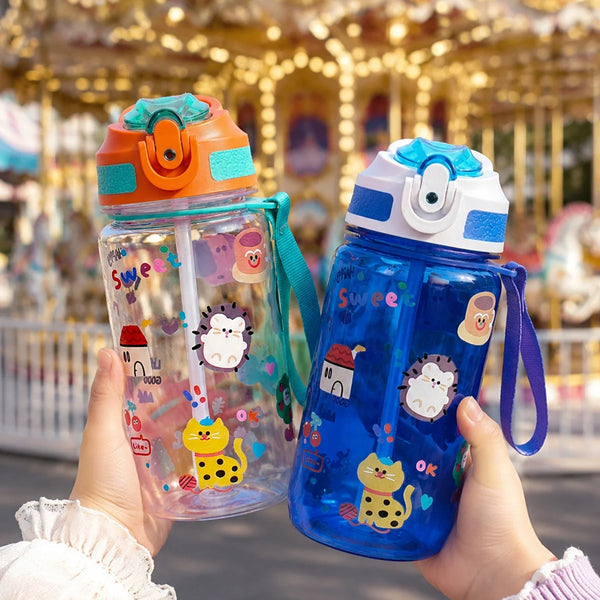 600ml Water Bottle With Straw Leakproof Flip Cap Cute Animal Print Portable Hanging Rope School Outdoor Sports Drinking Plastic