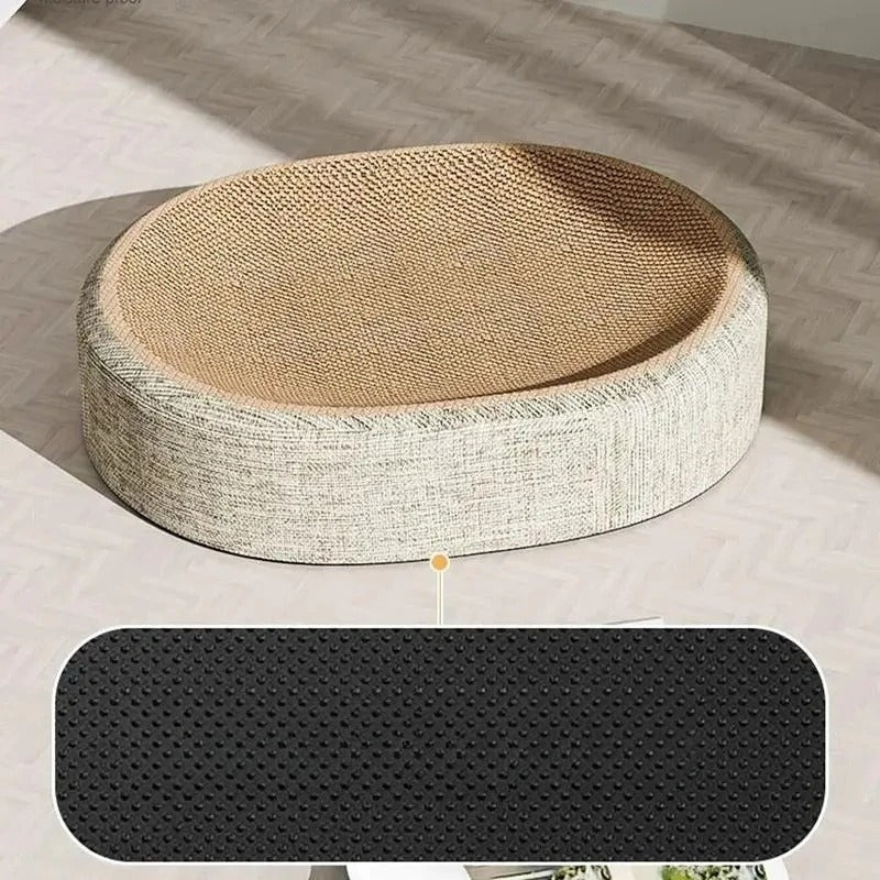 Oval Cat Scratcher Bed — Linen-Wrapped Corrugated Scratching Lounge for Indoor Cats | Furniture Protector & Cozy Nap Bowl