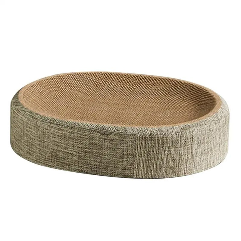 Oval Cat Scratcher Bed — Linen-Wrapped Corrugated Scratching Lounge for Indoor Cats | Furniture Protector & Cozy Nap Bowl