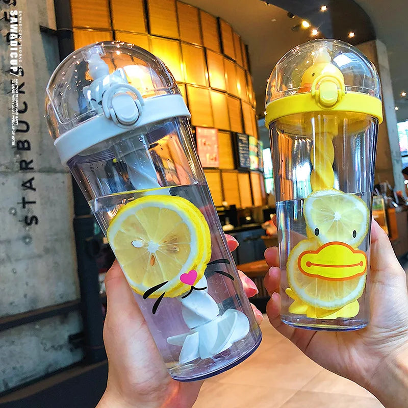 Water Bottle with Straw, Plastic Cartoon Mixing Cup, Creative Animal Design, Cute Cartoon, Girl Heart, Ins Photo Gift