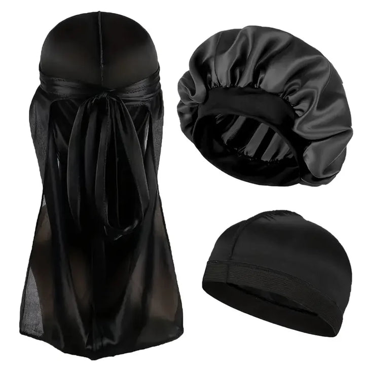 3pcs/set, Durag & Bonnet & Dome Hats, Solid Color Elastic Satin Bonnet Night Cap, Lightweight Pirate Hats