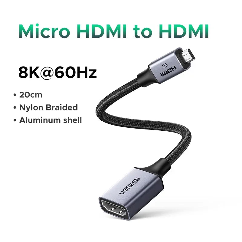 UGREEN Micro HDMI-Compatible to HDMI-Compatible Adapter 4K/60Hz 3D for GoPro Hero 7 Raspberry Pi 4 Sony Nikon Braided Cable 4K