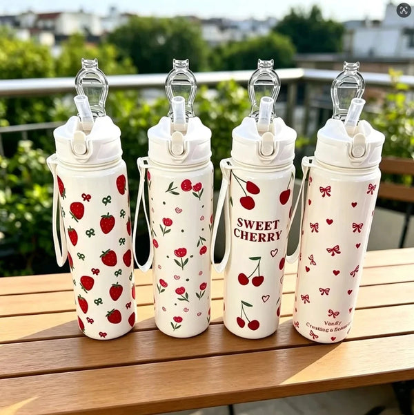 Cute Bow & Flower Water Bottle, Premium Texture Minimalist Design, Large Capacity, Lightweight and Leakproof with Portable
