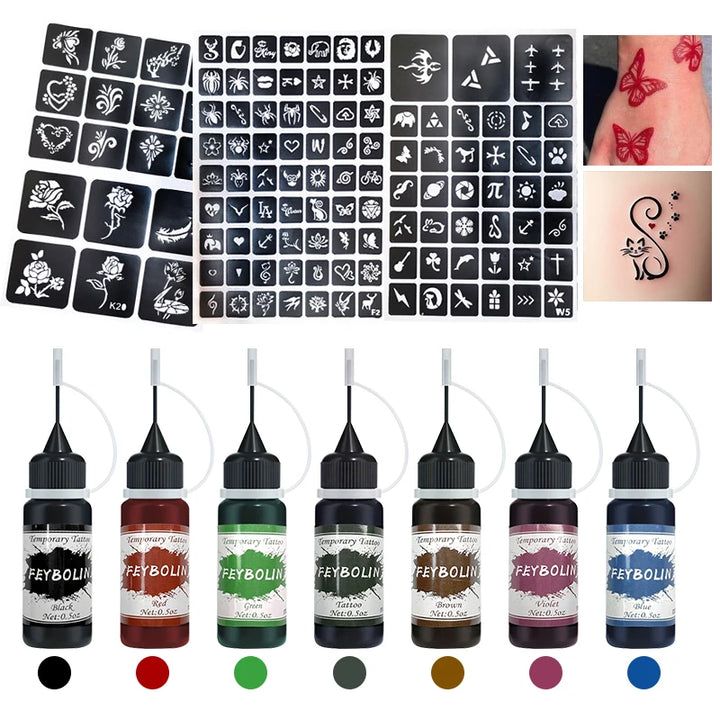 Long-Lasting Temporary Tattoo Inks with 3 Tattoo Stickers Kit, Freehand Painting Gel for Makeup Trend Party Tattoos for Face Bod