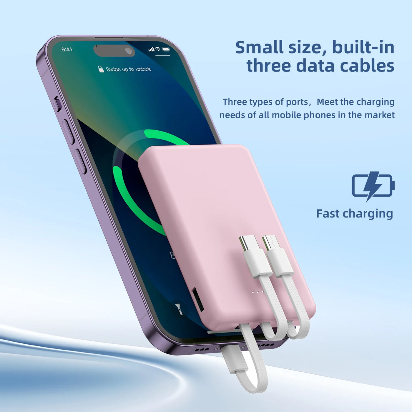 Mini 5000mAh Power Bank with 3 Built-in Cables & LED Display