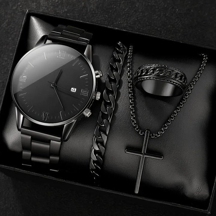 men's black minimalist quartz watch set with bracelet, necklace, and ring -