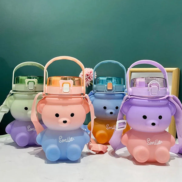 Bear Water Bottle 23 Oz Cute Water Bottle with Straw and Adjustable Strap Leakproof Lightweight BPA Free for Outdoor Portability