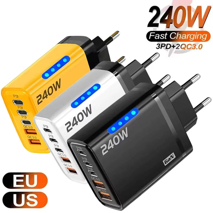 240W GaN USB C Charger 5 in 1 Fast Charging Phone Charger Power Adapter For iPhone Samsung Xiaomi Type C EU/US Plug Wall Charger