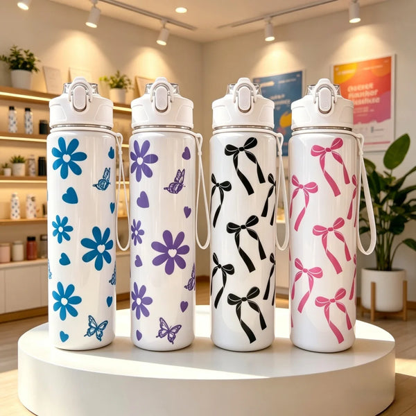 Cute Bow & Flower Water Bottle, Premium Texture Minimalist Design, Large Capacity, Lightweight and Leakproof with Portable