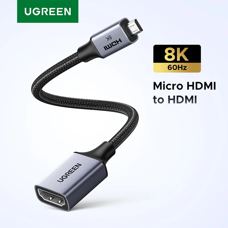 UGREEN Micro HDMI-Compatible to HDMI-Compatible Adapter 4K/60Hz 3D for GoPro Hero 7 Raspberry Pi 4 Sony Nikon Braided Cable 4K