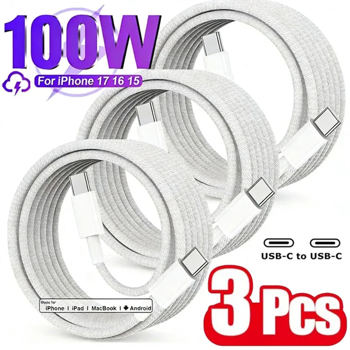 3PCS Fast Charger Cable Compatible with iPhone 17/16/15 Samsung Xiaomi Huawei USB-C to Type C Charging Data Cable Nylon Braided