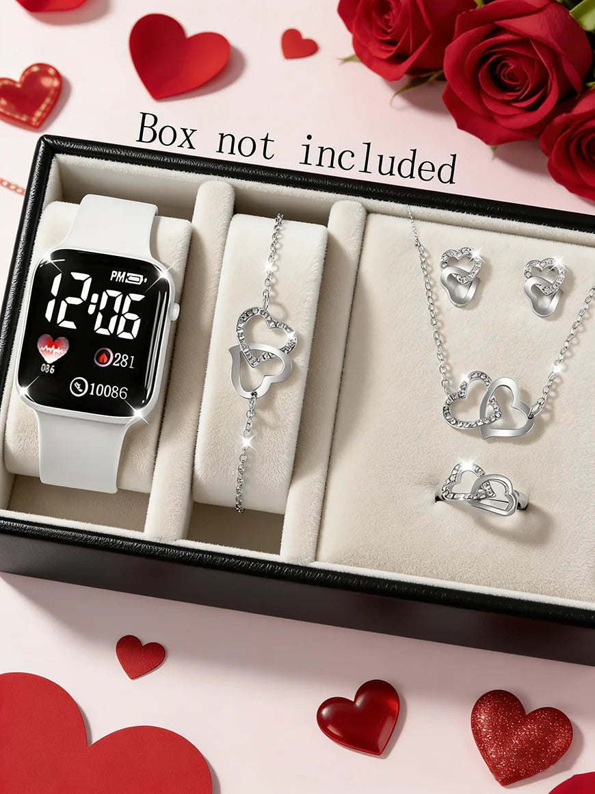 Square Watch Silicone Strap Heart-Shaped Jewelry Set No Packaging Box Birthday Gift
