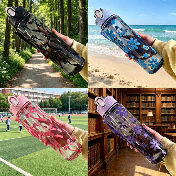 Water Bottle with Full Print of Flowers and Bowknot Patterns, Trendy & Stylish, Lightweight with Portable Lanyard, Durable