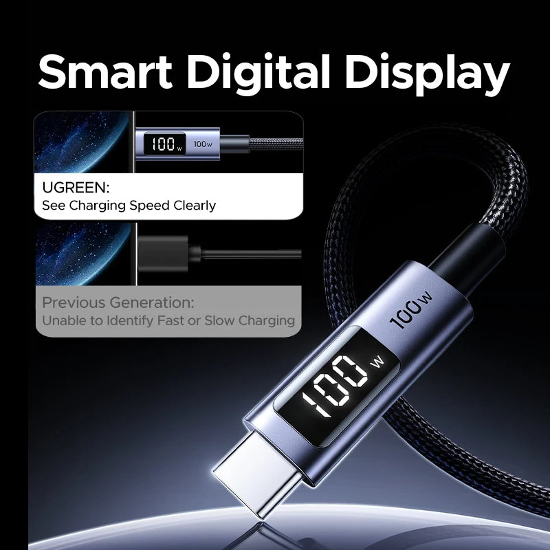 UGREEN PD100W USB C Cable Digital Power Display Fast Charging W/V/A for Laptop MacBook iPhone 18/17 Samsung S26 iPad Smart Cord