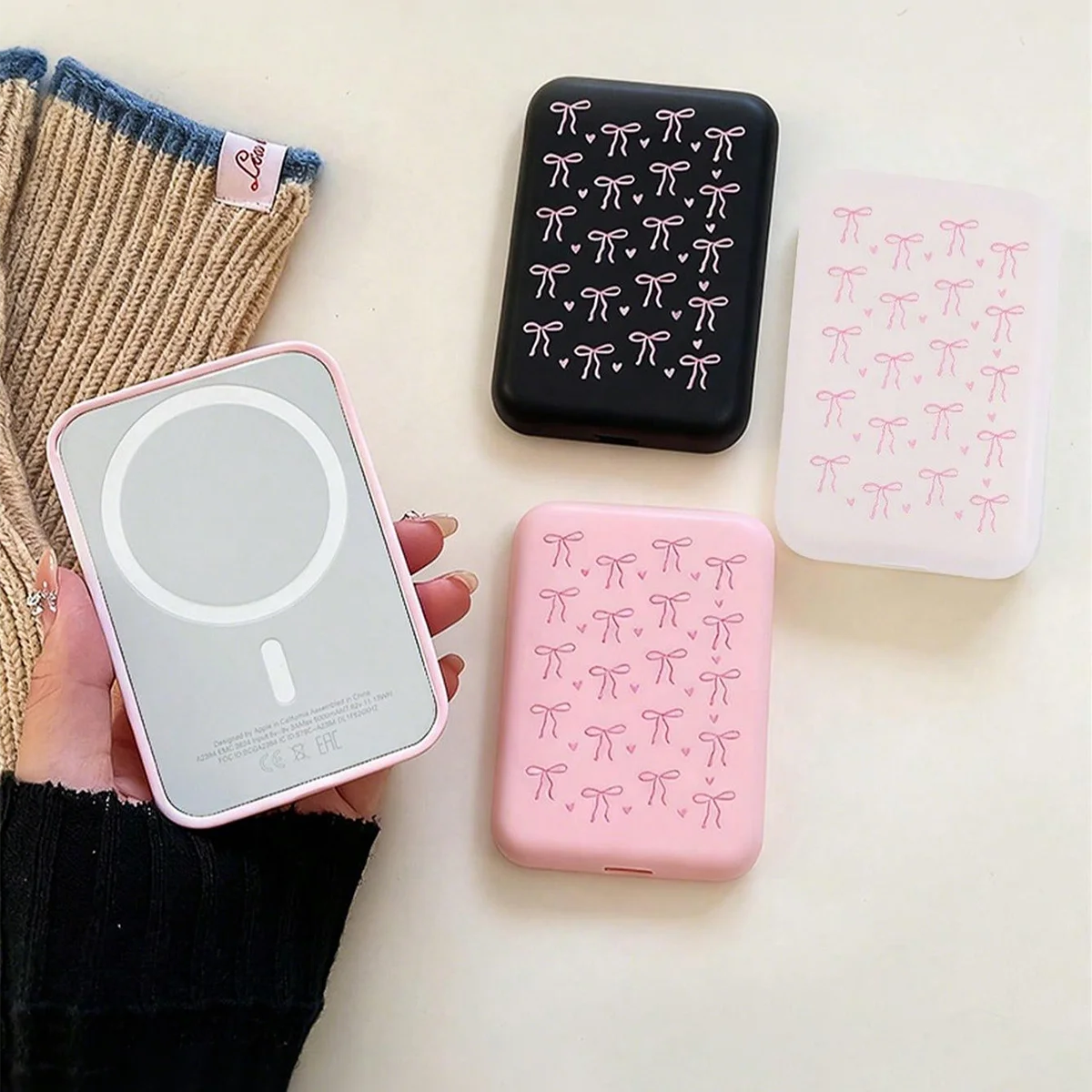 3Pcs Cute Bow-Knot Printed Silicone Protective Cases, Compatible with Magsafe Power Banks, Tpu Shockproof Protective Cases, Compatible with iPhone 18/17/16/15/14/13/12/11 Series, Matte Finish (Only the Case, Battery Not Included).