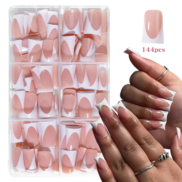 144pcs Duck Nails Simple and classic Elegance White French,Detachable reusable press on acrylic nails including 1 nail file and
