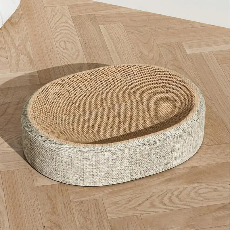 Oval Cat Scratcher Bed — Linen-Wrapped Corrugated Scratching Lounge for Indoor Cats | Furniture Protector & Cozy Nap Bowl