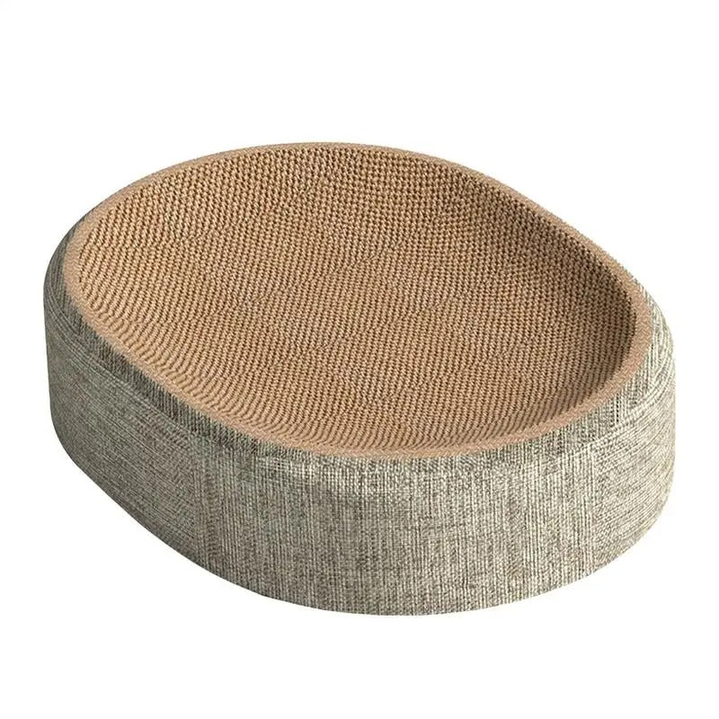 Oval Cat Scratcher Bed — Linen-Wrapped Corrugated Scratching Lounge for Indoor Cats | Furniture Protector & Cozy Nap Bowl
